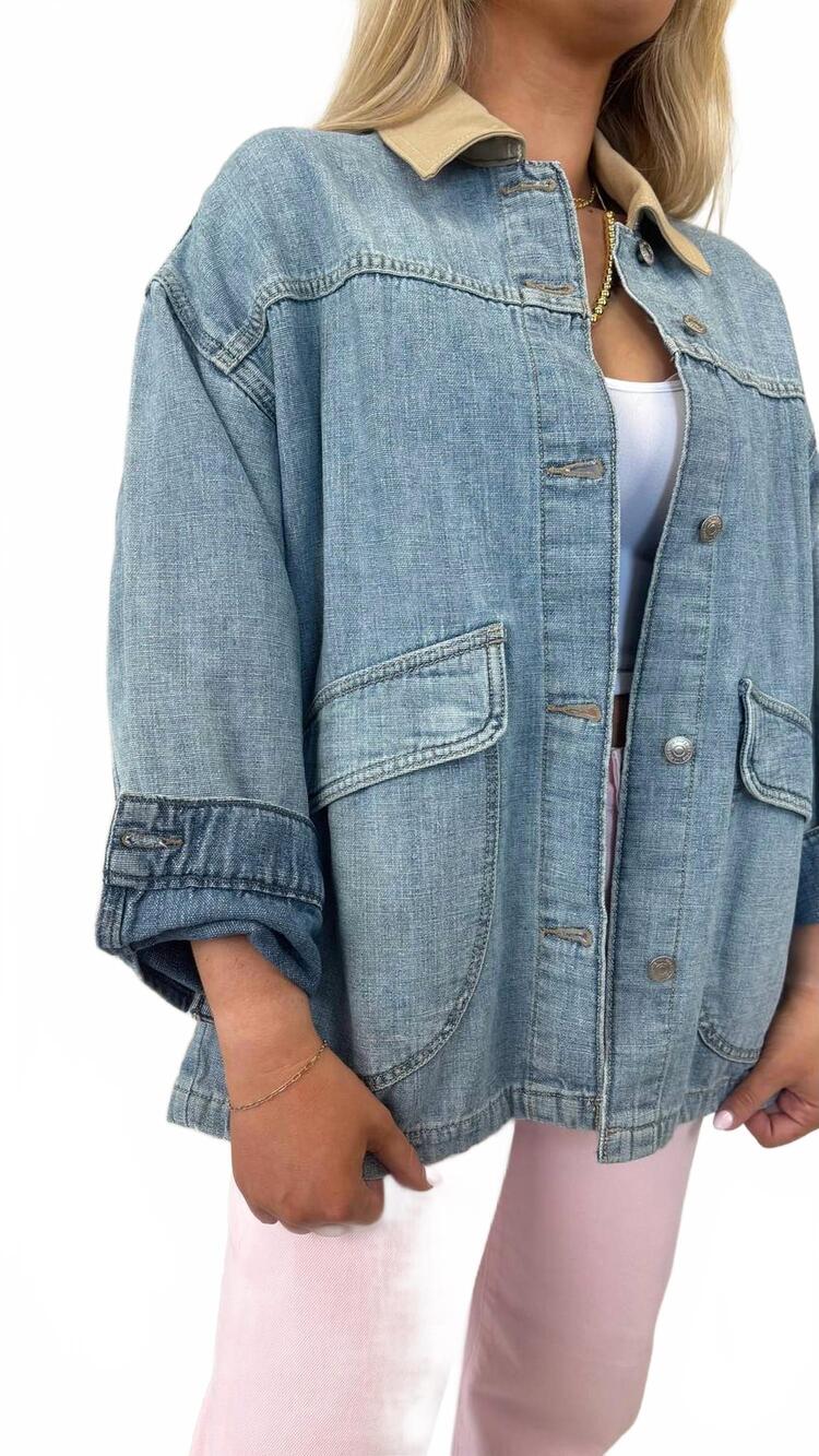 NEW FREE PEOPLE women's lemon denim jacket in berry blues - Picture 5 of 6